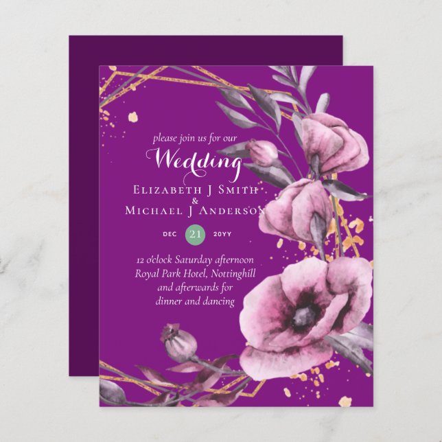 BUDGET Convites Dourados Florais Roxos (Frente/Verso)