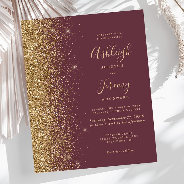 Budget Dark Burgundy Gold Glitter Wedding Invite (Criador carregado)