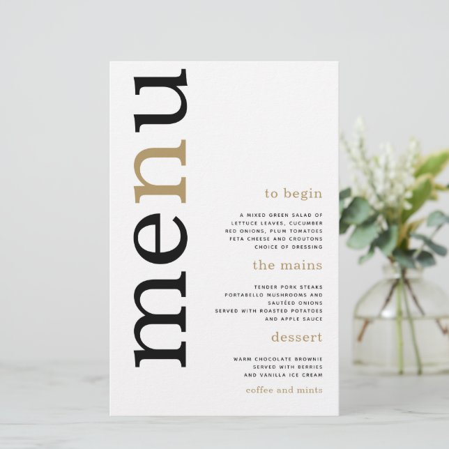 BUDGET Dourado Tipografia Preta Menu Casamento Bra (Em pé/Frente)