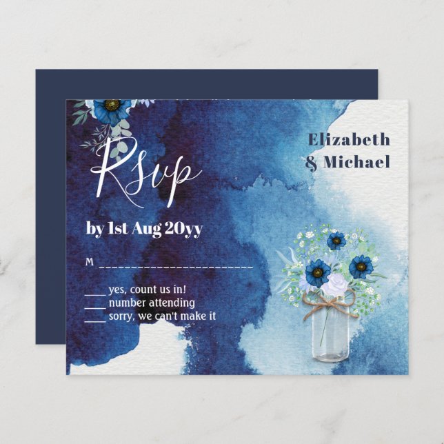 BUDGET Dusty Blue Floral RSVP Monocromático (Frente/Verso)