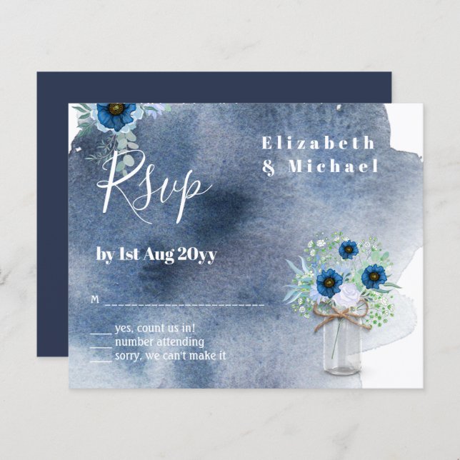 BUDGET Dusty Blue Floral RSVP Monocromático (Frente/Verso)