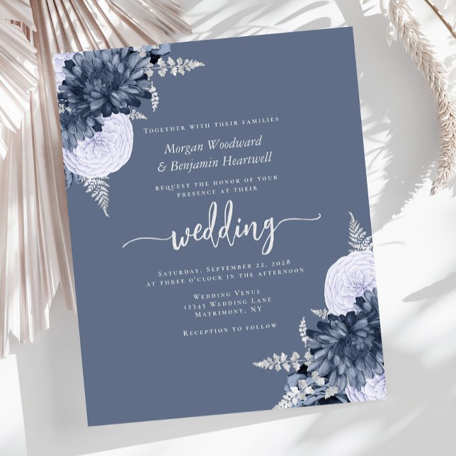 Budget Dusty Blue Silver Floral Wedding Invite (Criador carregado)