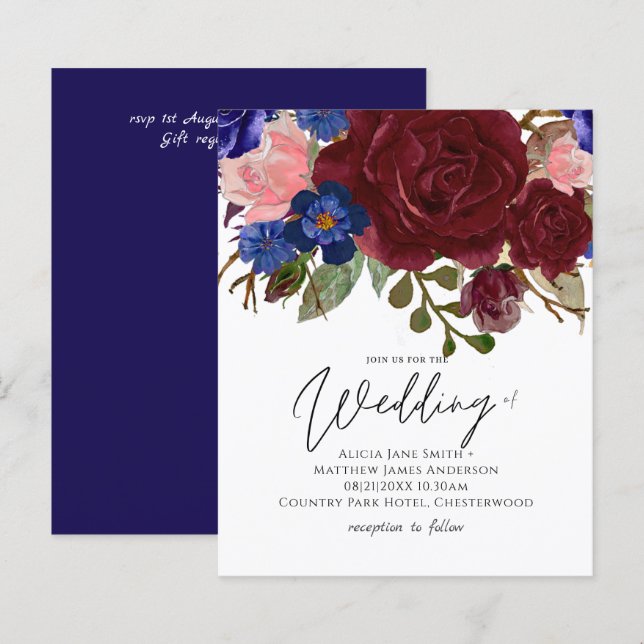 BUDGET Elegante Burgundy Convite de casamento Azul (Frente/Verso)