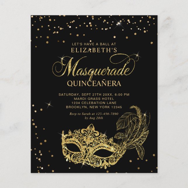 BUDGET Elegante Mascarada Dourado negro Quinceañer (Frente)