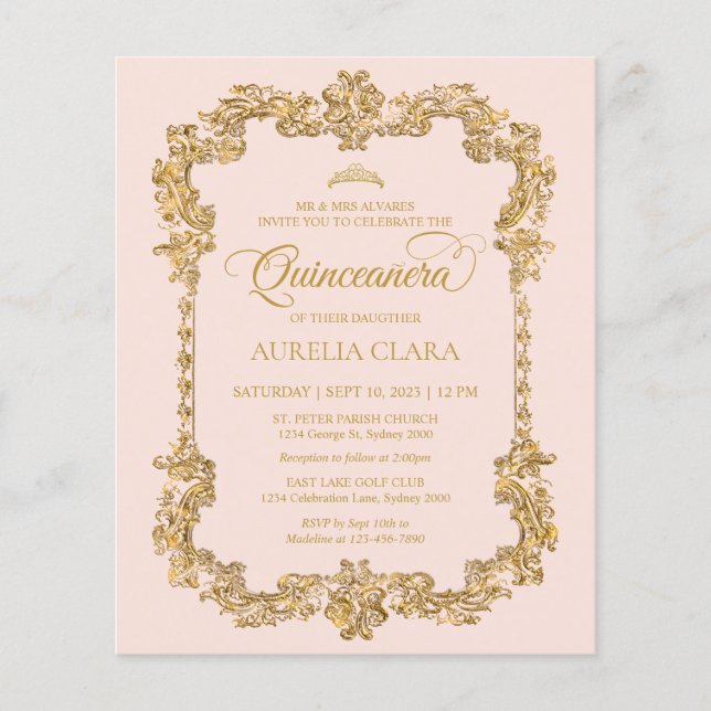 BUDGET Elegante Rosa Dourado Tiara Quinceanera (Frente)