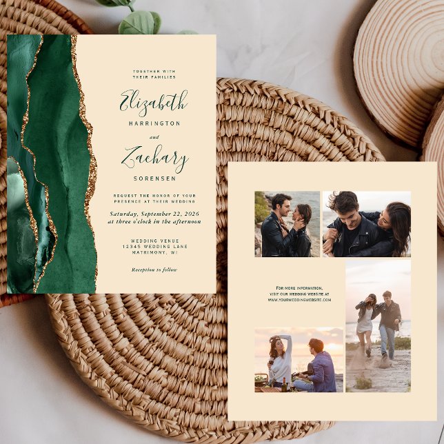 Budget Emerald Champagne 4-Photo Wedding Invite (Criador carregado)