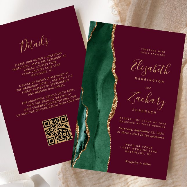 Budget Emerald Green Burgundy QR Code Wedding (Criador carregado)