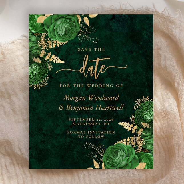 Budget Emerald Green Floral Wedding Save the Date (Criador carregado)