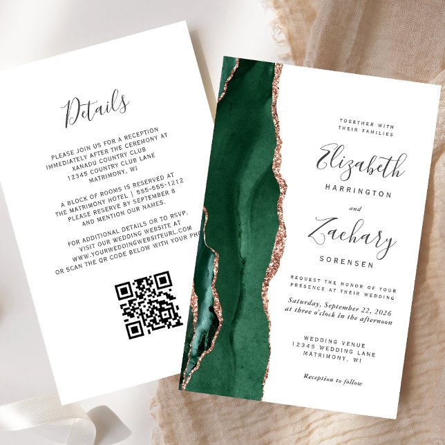 Budget Emerald Rose Gold Agate QR Code Wedding (Criador carregado)