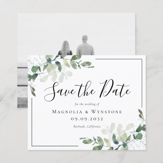 BUDGET Eucalyptus Watercolor Casamento Salva A Dat (Frente/Verso)