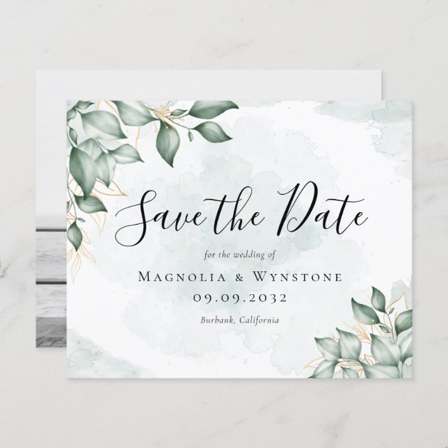 BUDGET Eucalyptus Watercolor Casamento Salva A Dat (Frente/Verso)