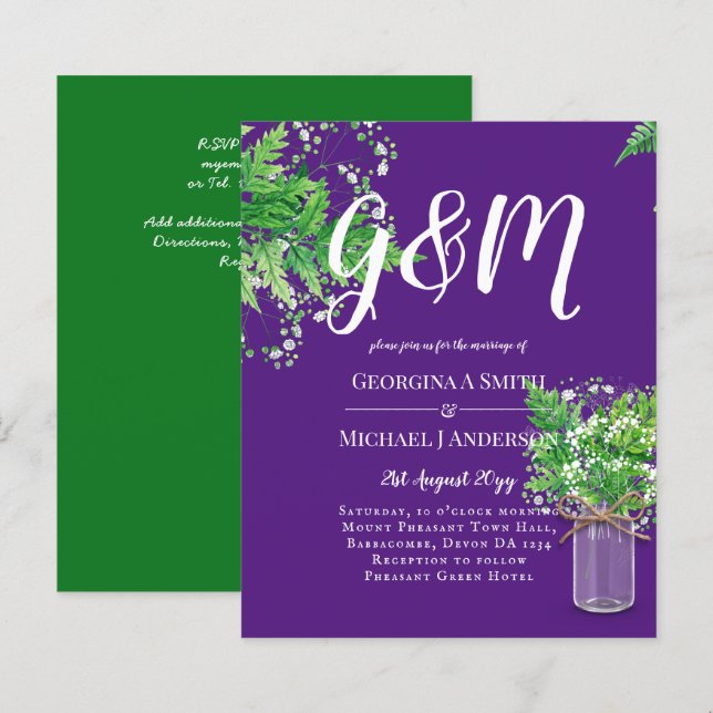 BUDGET Ferns Greenere Convite de casamento Roxo (Frente/Verso)