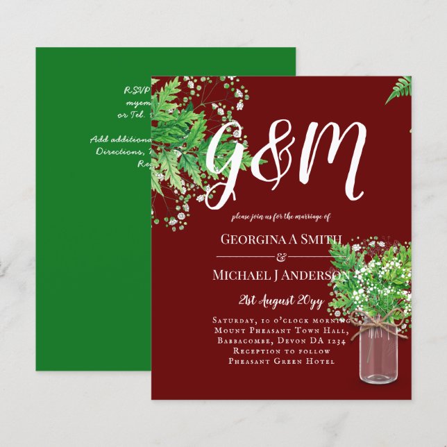 BUDGET Ferns Greenery Burgundy Convite de casament (Frente/Verso)