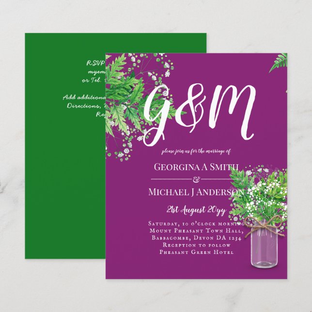 BUDGET Ferns Greenery Magenta Convite de casamento (Frente/Verso)