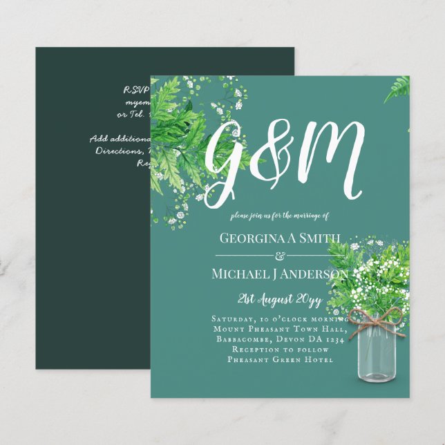 BUDGET Ferns Greenery Sage Convite de casamento (Frente/Verso)
