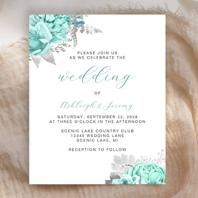 Budget Floral Aqua Silver Script Wedding Invite (Criador carregado)