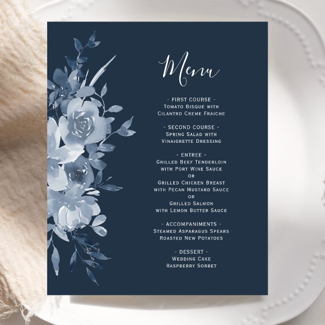 Budget Floral Dusty Blue Navy Wedding Menu (Criador carregado)