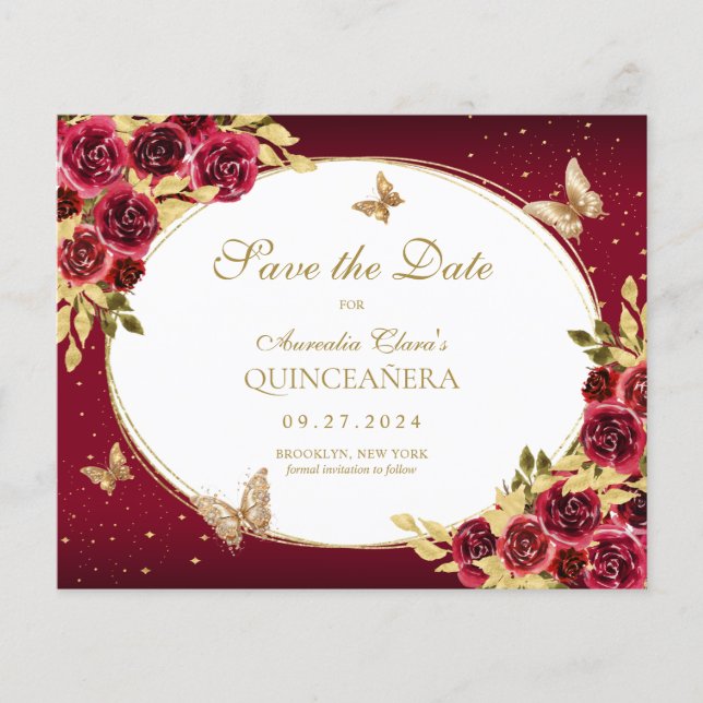 BUDGET Floral Red Dourada Borboleta Quinceanera (Frente)