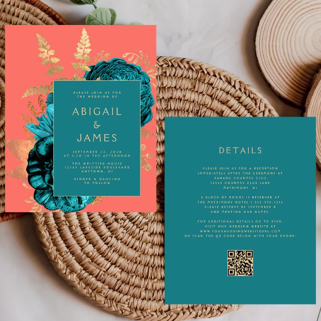 Budget Floral Teal Gold Coral QR Code Wedding (Criador carregado)