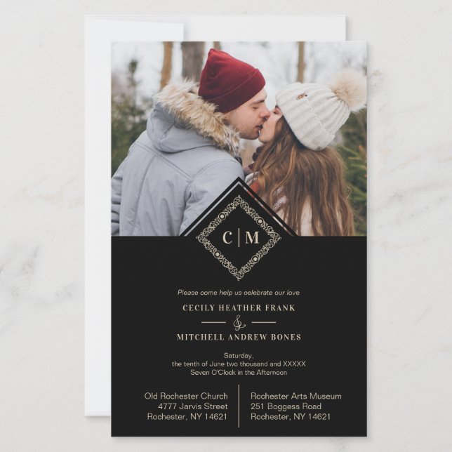 Budget Flourish Black Luxury Wedding Initials (Frente)