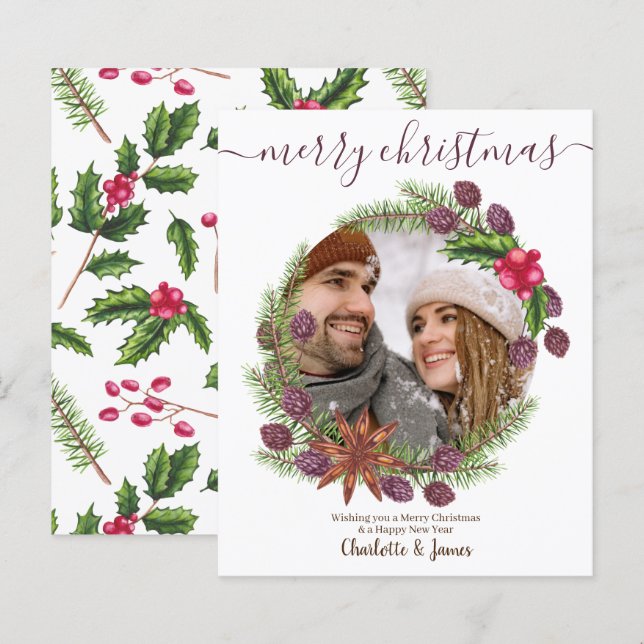 BUDGET Foto personalizada de Natal Holly Wreath (Frente/Verso)