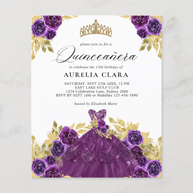 BUDGET Glam Purple Dress Floral 15 Quinceañera (Frente)
