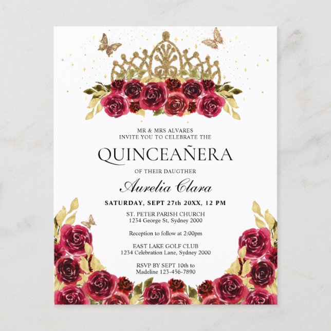 BUDGET Glam Red Floral Dourada Tiara Quinceanera (Frente)