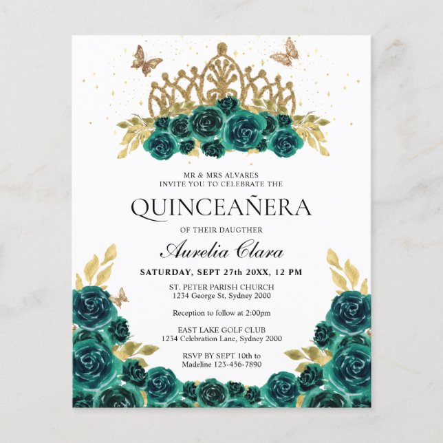 BUDGET Glam Verde Floral Dourada Tiara Quinceanera (Frente)