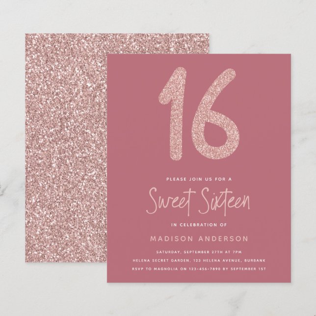 BUDGET Glitter Rosa Doce 16 Convite (Frente/Verso)