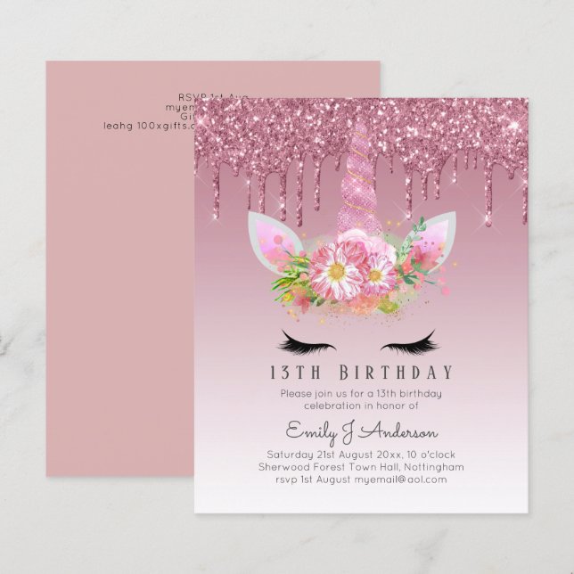 BUDGET Glitter Rosa Unicorn Raparigas Aniversário  (Frente/Verso)