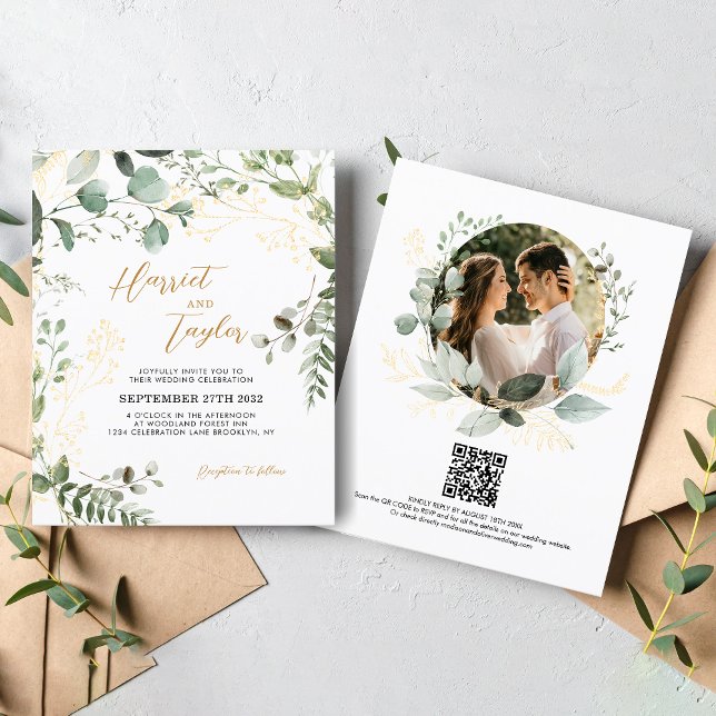 BUDGET Gold Eucalyptus Photo QR Code Wedding  (Criador carregado)