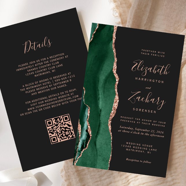Budget Green Rose Gold Agate Dark QR Code Wedding (Criador carregado)