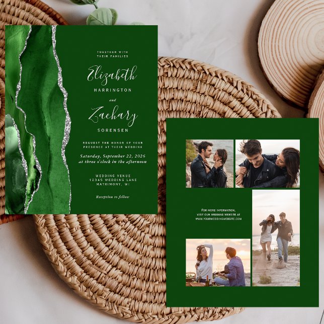 Budget Green Silver 4-Photo Wedding Invite (Criador carregado)