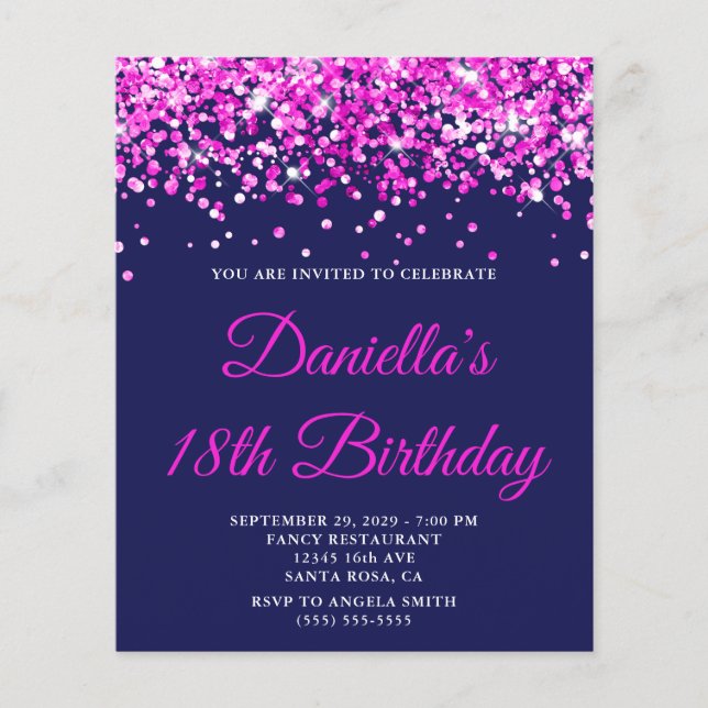 Budget Hot Pink Glitter Navy 18th Birthday Invite (Frente)
