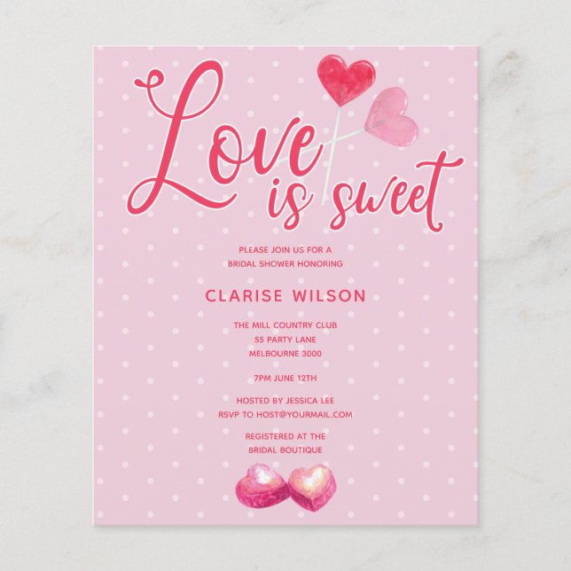 BUDGET Love is Sweet Pink Chá de panela Invite (Frente)