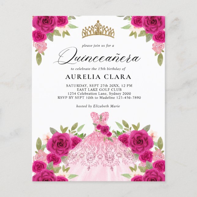 BUDGET Magenta Vestido Rosa Floral 15 Quinceañera (Frente)