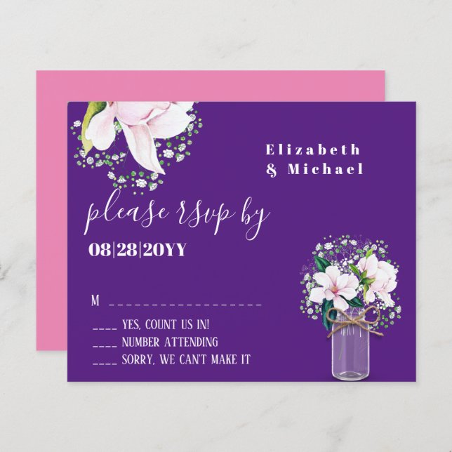 BUDGET Magnolias RSVP de Casamento Roxo-Rosa-Rosa- (Frente/Verso)