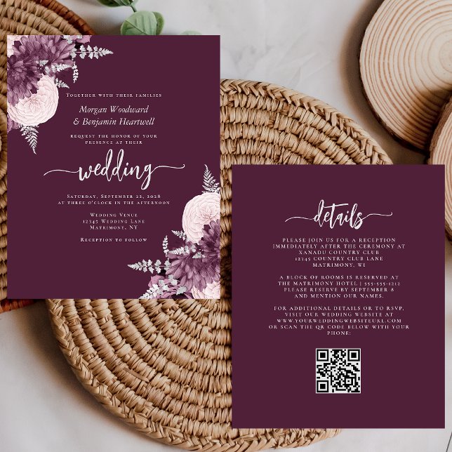 Budget Mauve Silver Floral QR Code Wedding Invite (Criador carregado)