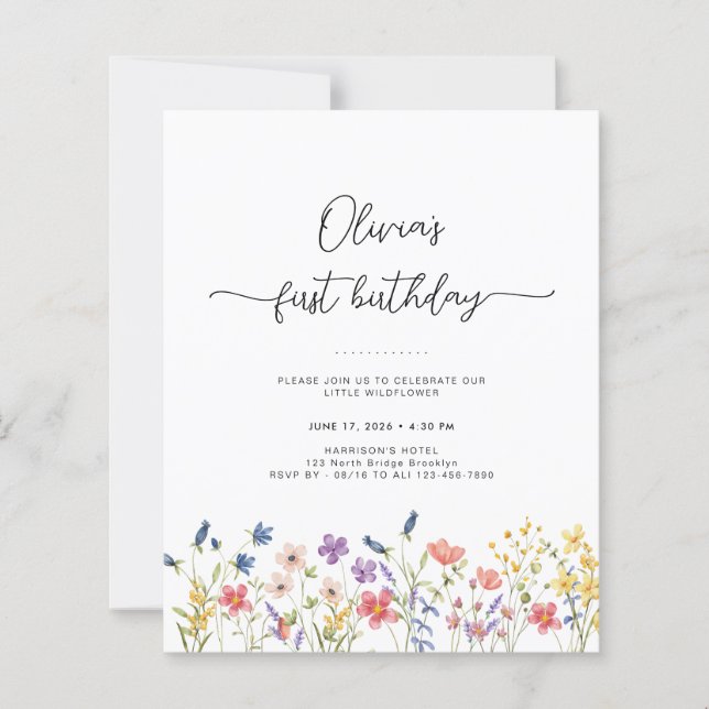Budget Minimal Floral First Birthday Invitation (Frente)
