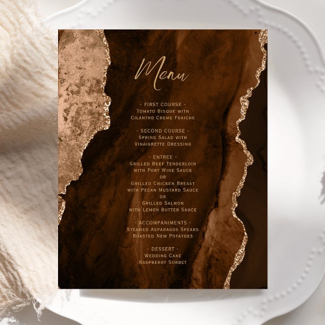 Budget Mocha Brown Gold Agate Wedding Menu (Criador carregado)