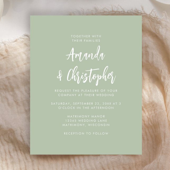 Budget Modern Script Sage Green Wedding Invitation (Criador carregado)