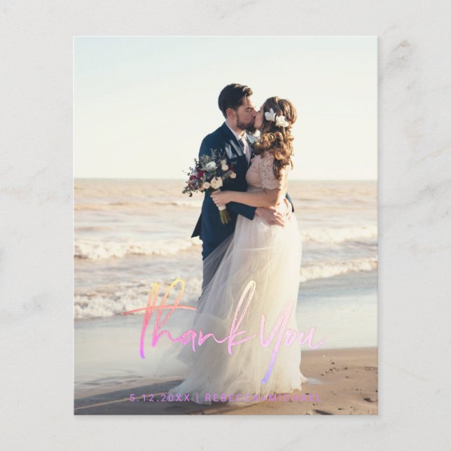 Budget Modern Script Wedding Photo Thank You Cards (Frente)