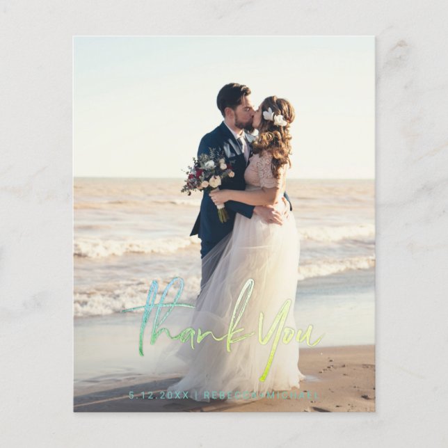 Budget Modern Script Wedding Photo Thank You Cards (Frente)