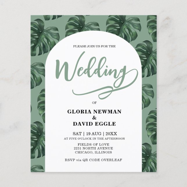 Budget Monstera Leaves Wedding QR Code Invitation (Frente)