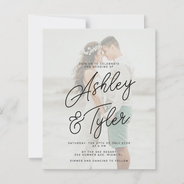 Budget names script overlay photo wedding invite (Frente)