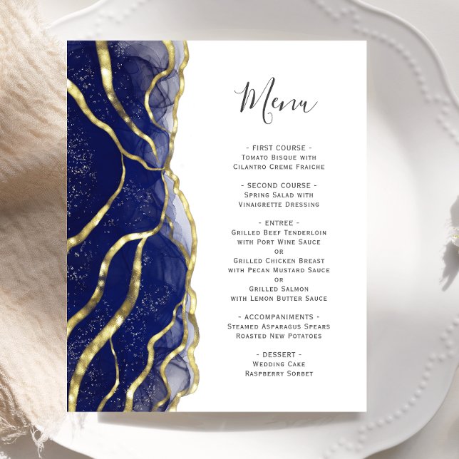 Budget Navy Blue Gold Ink Wedding Menu (Criador carregado)