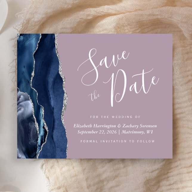 Budget Navy Blue Silver Agate Mauve Save the Date (Criador carregado)