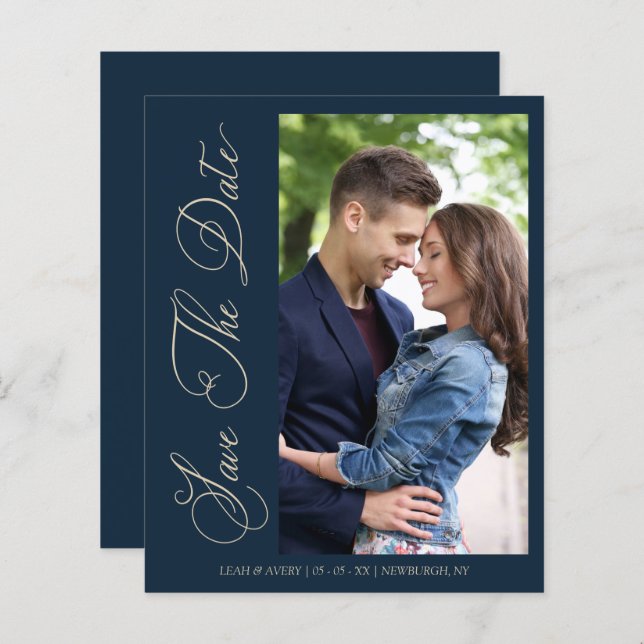 Budget Navy Wedding Photo Wimshical Script  (Frente/Verso)