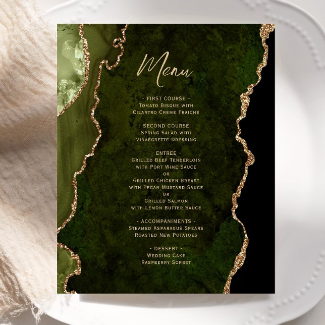 Budget Olive Green Gold Agate Wedding Menu (Criador carregado)