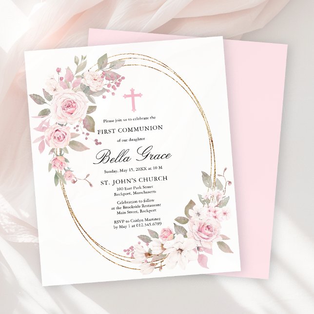 Budget Pink Floral First Holy Communion Invitation (Criador carregado)